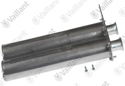 Zwei metallische Brennerteile von Vaillant, verbunden, mit Schrauben. Oberfläche mit Rillen und abgerundeten Enden.